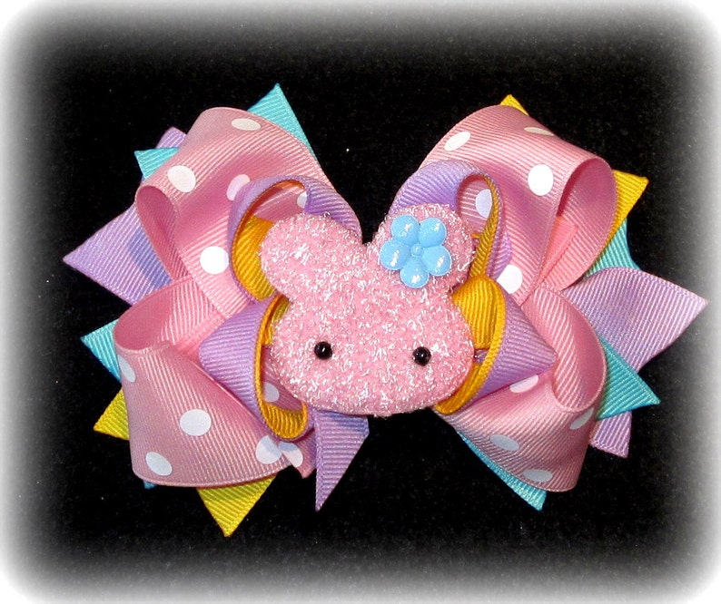 Pink Easter Bunny Hair Bow, Boutique hairbows, girls hair bows, Layered Hairbow, Fuzzy bunny bow, easter bow, pink hair bow, baby easter bow image 1