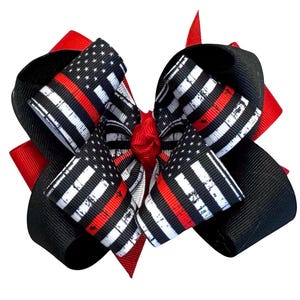Thin Red Line Bow, Fire Fighter hair Bow, American Flag Bow, Patriotic Bows, Red Line Hairbow, Stacked Bows, Redline Headband, Back the Blue
