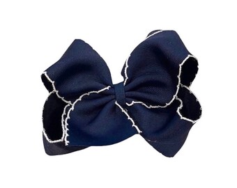 Navy Blue Moonstitch Hair Bow, Bows for Girls, School Bows, Uniform Hairbows, Hair Bows, Toddler Bows, Big Blue Hair Bow, Boutique Bows