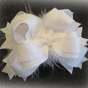 Girls Big White Hair Bows, Pageant Bows, White Bows, Large White Headband, White Baby Headband, Baby Bows, White Glitter Bow with Headband