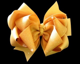 Gold Glitter Bow, Big Gold Bow, Girls Gold Hairbows, Glitter Bows, Gold Dazzle Bow, Big Gold Bow, Layered Hair Bow, 5 inch bows, Big Bows