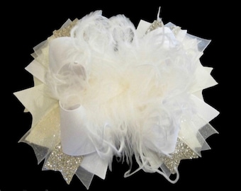 Over the Top Hairbow, White Ivory Bows, Ivory Mix Bow, Baby Headbands, White Boutique Bow, Baptism Bow, Large Big bow, White OTT Hair Bow,