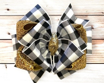 Layered Boutique Buffalo Check Hair Bow with Gold Glitter, Fall Hair Bow, Holiday Bows, Gold Glitter Bow, Checked Bows, Black and White Bows