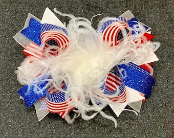 Patriotic Bow, 4th of July Hair Bow, American Flag Bow, USA Flag OTT Bow, Baby Flag Headband, 6" Hairbow, Over the Top Bow, Red White Blue