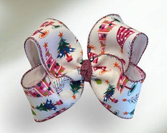 Pink Christmas Tree Hair Bow, Glitter Hair Bow, Large Holiday Bows, Big Bows for Girls, 6 Inch Bow, 5 Inch Bows, Hair Bows, Hairbows,