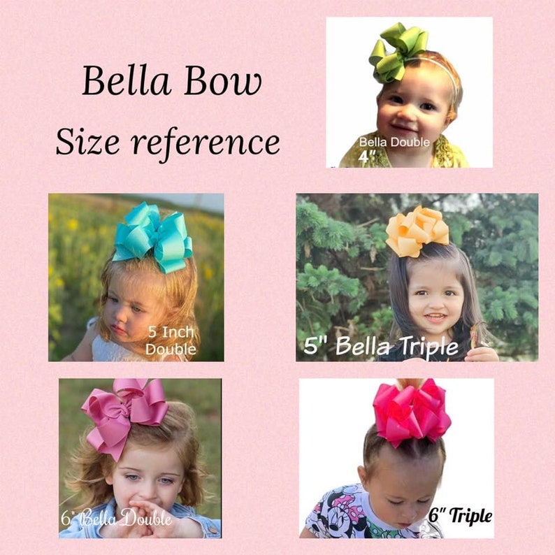 Puede incluir: Imagen que muestra una referencia de tama&ntilde;o para los accesorios para el cabello Bella Bow. La imagen incluye cuatro lazos diferentes: un lazo verde de 10 cm, un lazo turquesa de 13 cm, un lazo melocot&oacute;n de 13 cm y un lazo rosa de 15 cm. Cada lazo se muestra en un ni&ntilde;o.