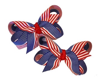 American Flag Piggies, Pig Tails, Girls Hair Bows, Baby Bows, Basic Bows, 4 inch bows for Piggies, Set of 2 Bows, 4th of July Pig tails