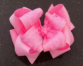 Lace Hairbow, Pink Lace Boutique Bow, PINK Hair Bow, Easter Spring Triple Layered Bow, Baby Headband, Lace Headband, Birthday Hair Bow,