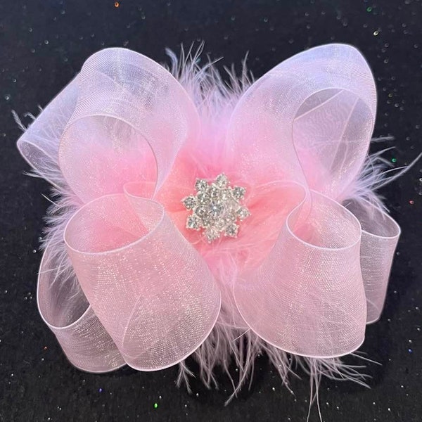 Organza Hair Bow, Pink Organza Headband, Baby Headband, Crystal Hairbow, Diamond Crystal Bow, Photo Prop Bow, Birthday Hairbow, Double Bows