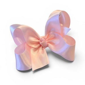 May include: A light pink hair bow crafted from smooth, shiny satin ribbon. The bow features a central knot with two large, structured loops on each side and two short, downward-facing ribbon tails, creating a symmetrical, voluminous shape.