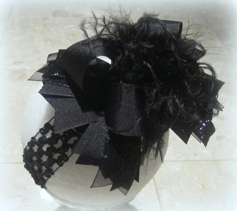 Pageant Party bow Boutique Hairbow Black Over the Top Hairbow Girls Hair Bows Ostrich Feather Bow Baby Headbands Headbands for babies