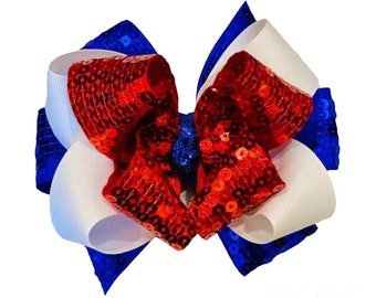 Sequin Hairbow, Triple hair bow, Patriotic Hair Bow, 5 or 6 inch bow, Boutique Bows, Baby Headband, Big Boutique Bow, 4th of July Headband