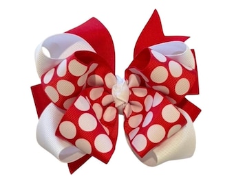 Red Dot Hair Bow, Red and White Hair Bow, Layered Bows, Stacked 5 inch Hair Bow, Hair Bows, Girls Bows, Bows for Baby Girls, Toddler Bows