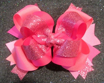 Pink Hair Bow, Glitter Hairbows, Large 6 Inch Bow, Boutique Hairbow, Triple Layered Bow, Texas Sized Bows, Glitter Hair bow, Pageant Bows,