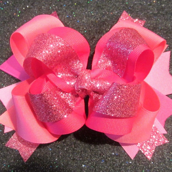 Pink Hair Bow, Glitter Hairbows, Large 6 Inch Bow, Boutique Hairbow, Triple Layered Bow, Texas Sized Bows, Glitter Hair bow, Pageant Bows,