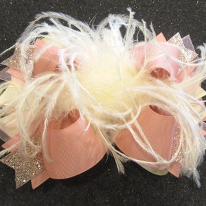 Rose Gold Over the Top Hairbow, Mauve OTT Bow, ROSE GOLD Over the Top Bow, Baby Headband, Girls headband, Ivory Bows, Ostrich Feather Bows