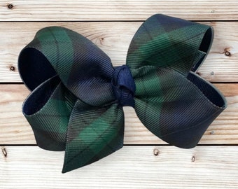 Plaid 4" Bow for Baby Toddler and Little Girl, Blue and Green Plaid Hair Bow, Girls School Bows, Christmas Plaid Bow, Uniform Hair Bow