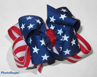 5” Handmade 4th Of July  /Patriotic Stacked Boutique Hair Bow
