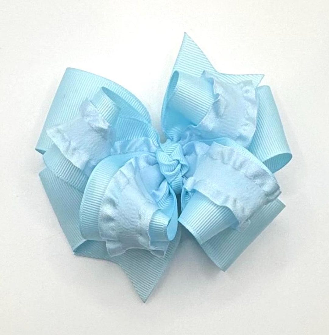 Light Blue Satin Double Ruffle Hair Bow, Double Ruffle Headband, Infant Bows, Spring Hair Bow ...
