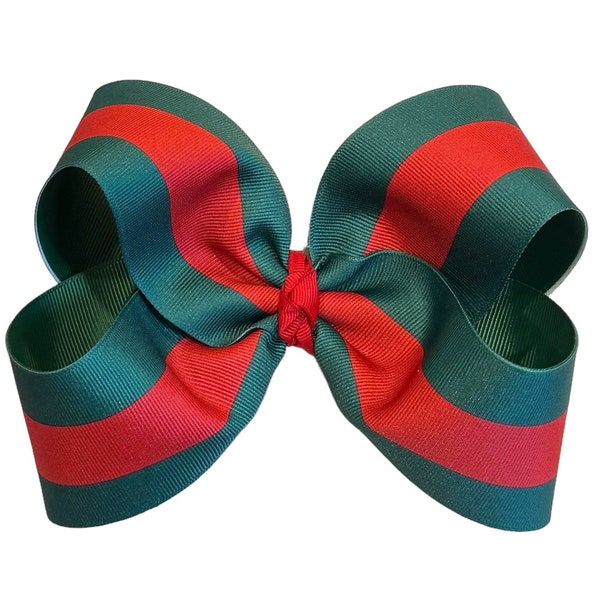 Striped Bow, Big Red and Green Striped Bow, Girls Hairbows, 6 inch Bows, Large Bows, Southern Style Bow, Fashion Hair Bow, Jumbo Hair Bows