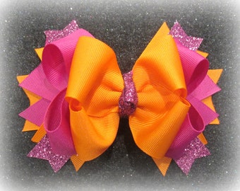 Hair Bows, Pink and Orange Bows, Boutique Bows, Pink Bow, Glitter Hair Bows, Orange Glitter Bow, Pink Glitter Hairbow, Stacked Bows, Baby