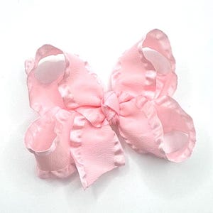 Light Pink Double Ruffle Hair Bow, Satin Edge Ruffle Ribbon Hairbow, Baby Hair Bows, Medium 4 Inch Bow, Frilly Bows for Girls, Baby Gifts