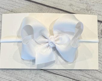 White Medium Hair Bow, Grosgrain Ribbon Bow on Stretch Headband, 4 Inch Hairbow, Baby Bow, Toddler Girl Bows, Girls Headband, Baby Girl Bows