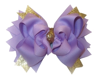 Lavender Boutique Bow, purple Hairbow, Stacked Bow, purple Glitter Bow, Gold Glitter Bow, 5 Inch Bow, Baby Headband, Glitter Bow, orchid bow