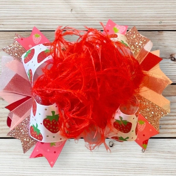 Strawberry Over the Top Hair Bow for Toddlers and Baby, Strawberry headband, Girls Big Summer Fruit Bows, Large 6" Feather Bows