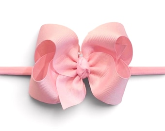 Baby Pink Hair Bow on Stretch Headband, 4 Inch Medium Hairbow, Toddler Girl Bows, Girls Headband, Baby Girl Grosgrain Bow, Infant Hairbows