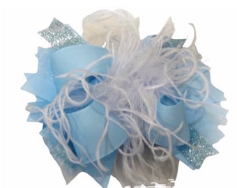 Light Blue Over the Top Bow, Baby Blue Bow, Blue OTT Bow, Pastel Hairbows, Girls Hair Bow, Feather Bow, Pageant Bow, Birthday Bows, Aqua Bow