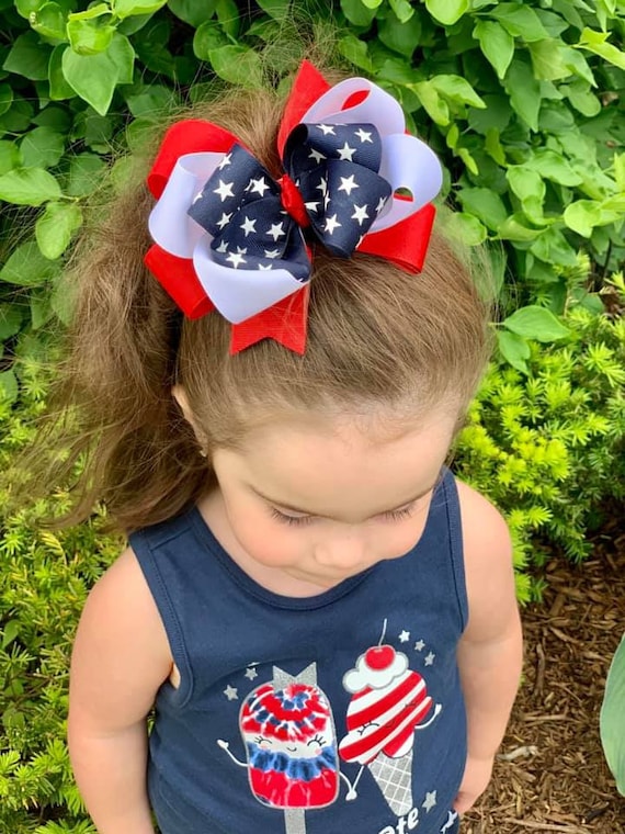 Patriotic Bows, American Flag Hair Bow, Red White Blue Bow, 4th of July Bows, Patriotic Hairbow, Blue Stars Bow, Stars and Stripes Bows, USA
