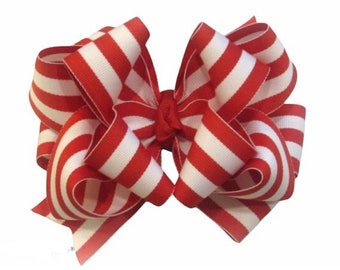 Red Striped Bow, Striped Hair Bow, Red Hair Bow, School Bows, Big Layered Bow, Red White Striped Hairbow, Baby Headband, BTS Bow, Nautical