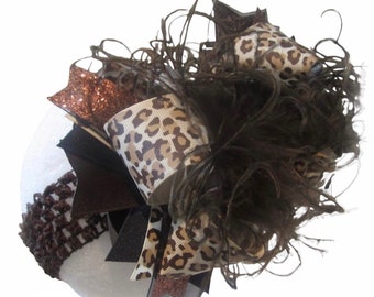 Leopard Over the Top Bow, Cheetah Over the Top Hairbow, Girls Headbands, baby Headbands, Big Pageant Bows, Ostrich Feather Hair Bow, OTT Bow