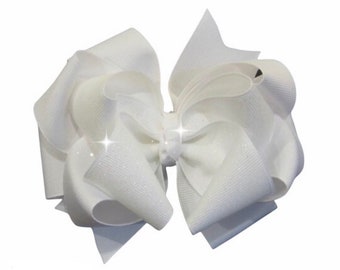 White Glitter Hair Bows, White Glitter Bow, Stacked Bow, White Hair Bow, Dazzle Headband, Triple Layered Bow, Boutique Bow, Baby Headbands