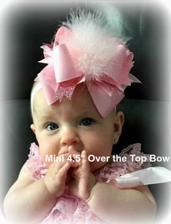 LIGHT PINK and GOLD over the top hair bow with ostrich puff