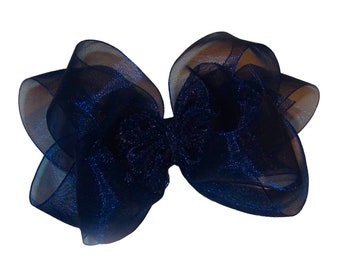 Navy Organza Hair Bow, Double Organza Hairbows, Navy Blue Organza Bow, Navy Blue Hairbow, Sheer Hair Bow, Boutique Hairbows, Girls Hair Bows
