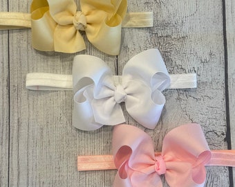 Baby Gift Set, Hair Bows, Baby Headbands, Newborn Shower Gift, Babies first Bows, Set of 3 Hair Bows, 4 inch, 3 inch Hairbows, Gift for Baby