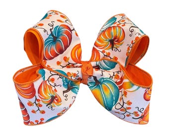 Pumkin Large Hair Bow, Autumn Fall Painted Pumpkin 6 Inch Hair Bow, Girls Big Hairbows for Fall, Vintage Pumpkin Bow, Big Bows for Toddler