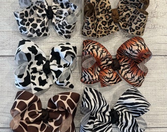 Leopard Hair Bow, Cow Print Bows, Cheetah Bow, Zebra Hairbows, Girls Safari Hair Bows, Baby Girl Boutique 4 inch Hair Bows, Bows with Clips