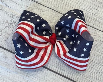 Flag Hair Bow, American Hairbows, USA Hair Bow, Jumbo Bow, 6 inch bow, Military Hairbows, Red Stripe, Super Hero Bow, 4th of July Bow, Stars