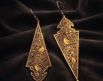Hand Engraved Brass Earrings, Bird & Floral Dangle Earrings, Traditional Handmade Jewelry, Artisan Statement Earrings, Unique Gift for Women