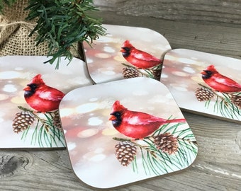 Cardinal Coasters Set of 4, Hardboard Coasters, Winter Cardinal, Christmas Cardinal, Male Cardinal, Christmas Coasters