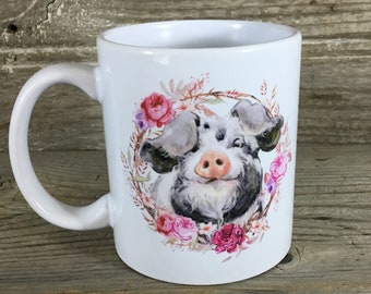 Pig Coffee Mug, Floral Pig Mug, Animal Mug, Gift for Her, Ceramic Mug, Pig Lover Gift