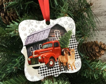 Red Truck Alpaca Christmas Ornament Double Sided