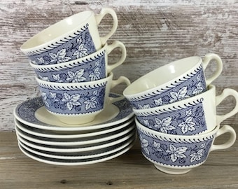 6 Sets Homer Laughlin Stratwood Collection Blue & White Floral Cups and Saucers