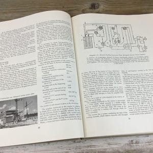 以下が含まれることがあります： 技術的な図とテキストが記載された開いた本のページ。左ページには建物の白黒写真が掲載されています。右ページには、詳細なラベルと説明が付いた原子炉タービン発電機のユニットの図があります。