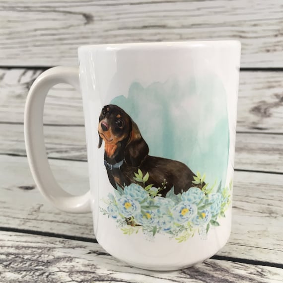 Dachshund Coffee Mug: Floral Doxie Wiener Dog, 15 oz Ceramic Cup