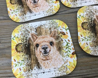 Sunflower Alpaca Rustic Wood Hardboard Coasters, Set of 4