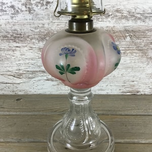 Vintage Kerosene Oil Lamp Pink & Frosted Glass Blueish Purple Flowers 17&quot;